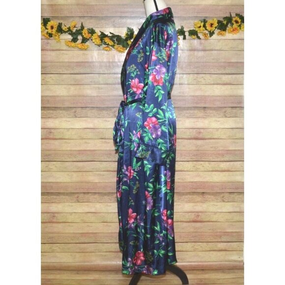 Go Softly Silky Blue Floral Long Maxi Robe Belted Ladies M Lounge Vacation - Picture 6 of 10